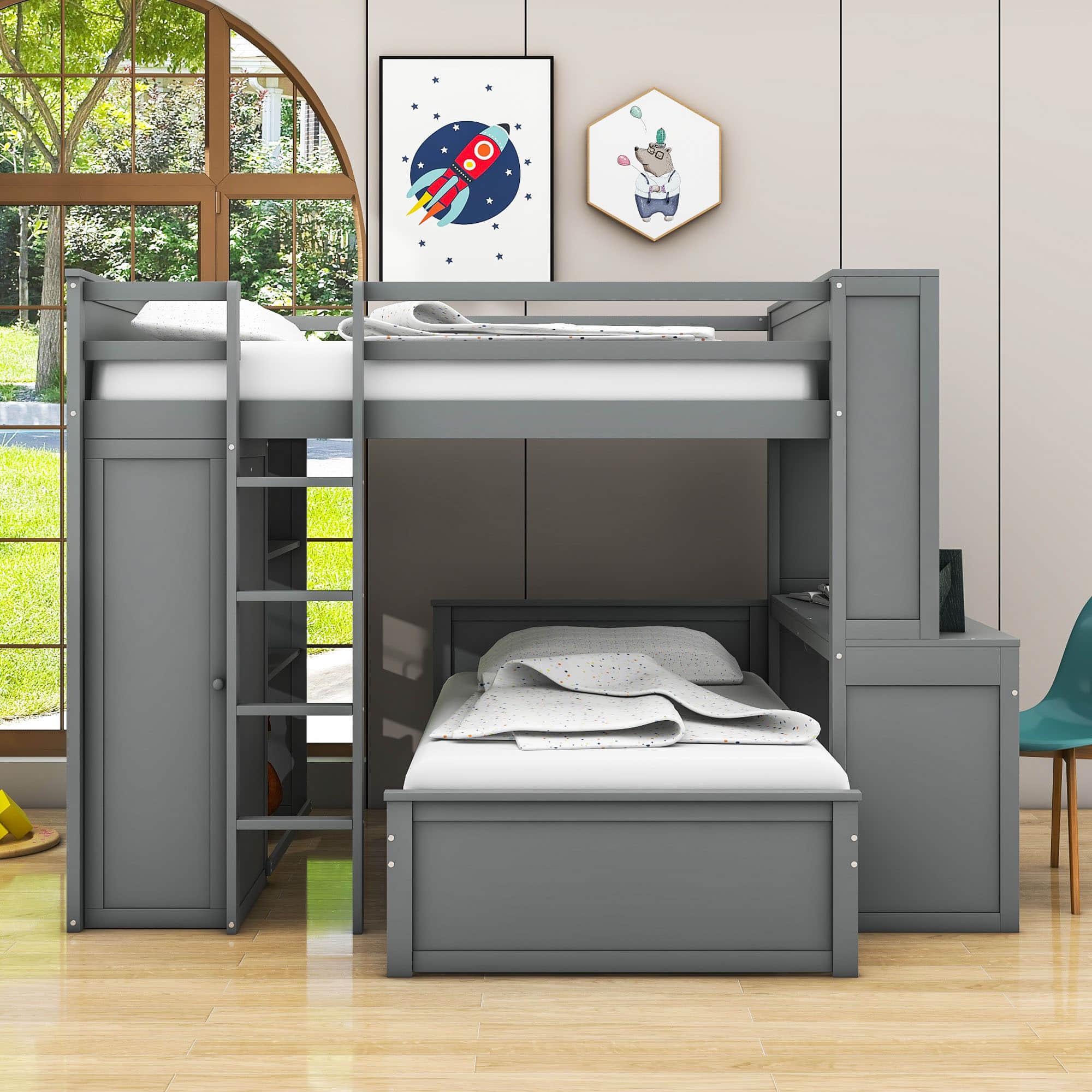 Full Over Twin Loft Bunk Beds with Desk and Storage - [Drawers, Shelves, Wardrobe]