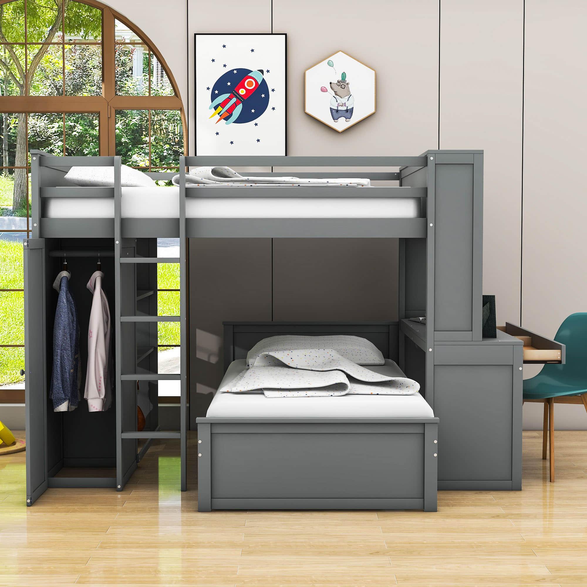 Full Over Twin Loft Bunk Beds with Desk and Storage - [Drawers, Shelves, Wardrobe]