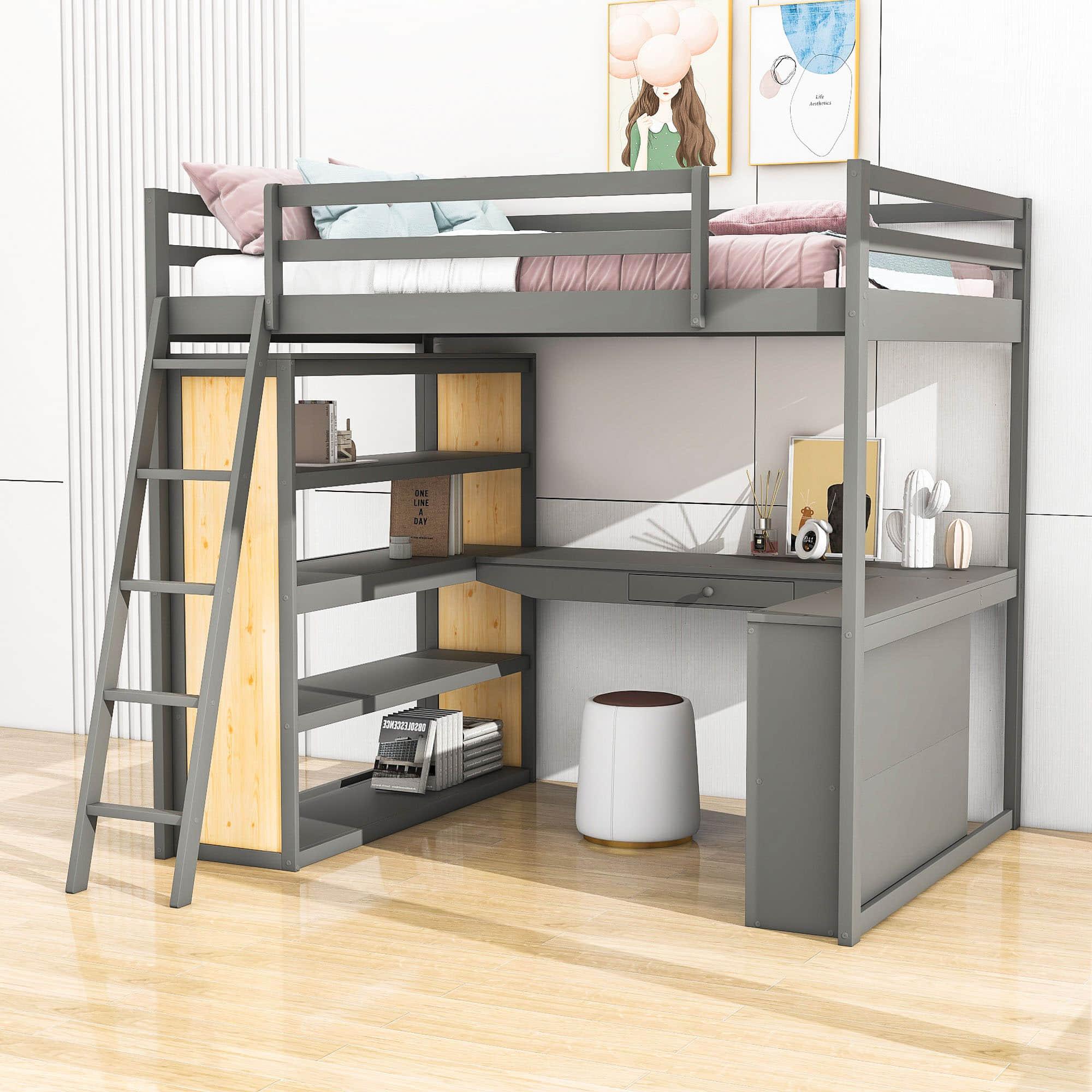 Modern Full Size Loft Bed with Desk and Storage for Kids, Junior - [Wood, Drawers, Shelves]