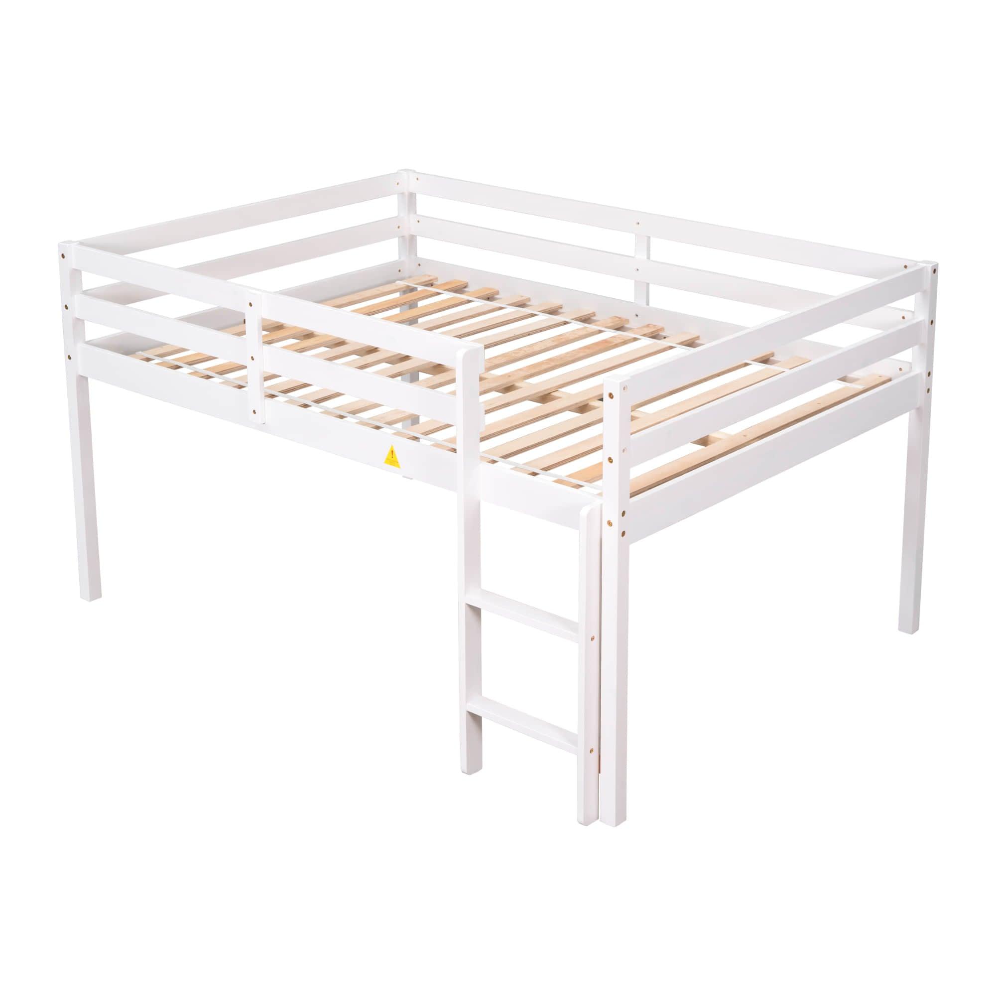 Kids Wooden Full Size Low Loft Bed - [Toddler, Boys, Girls]