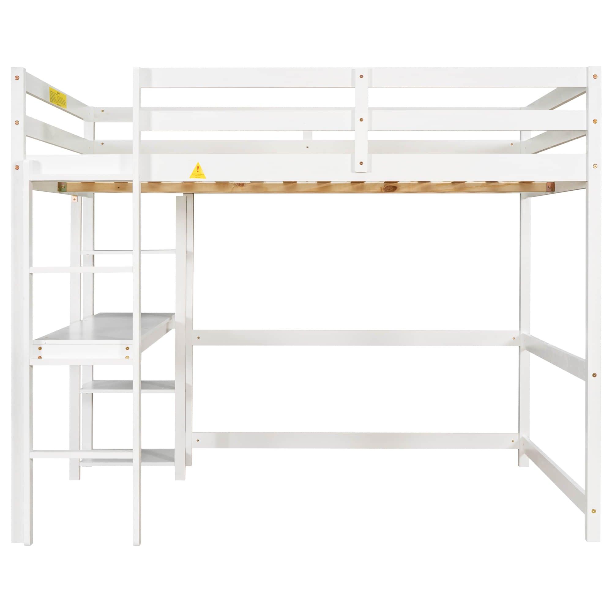 Wood Full Size Loft Bed with Desk and Storage Shelves for Kids, Teens