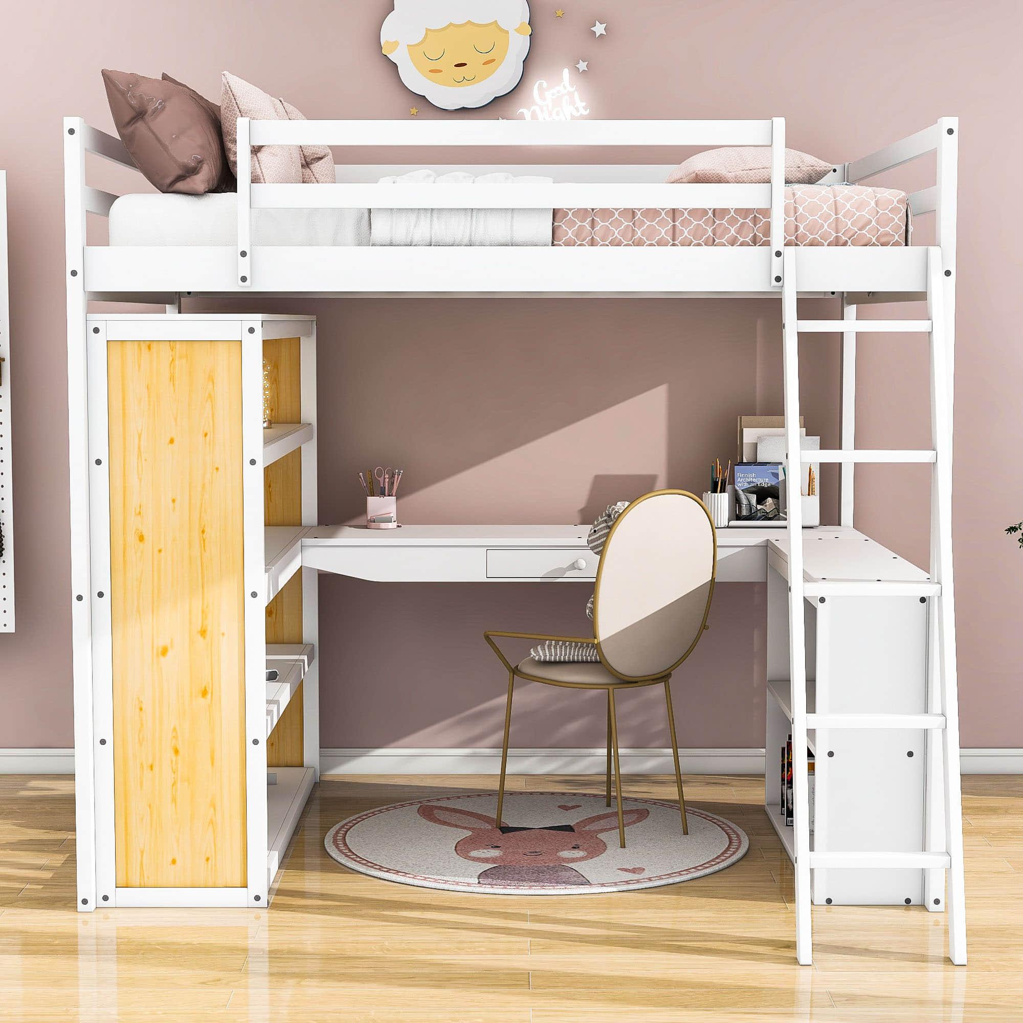 Modern Full Size Loft Bed with Desk and Storage for Kids, Junior - [Wood, Drawers, Shelves]