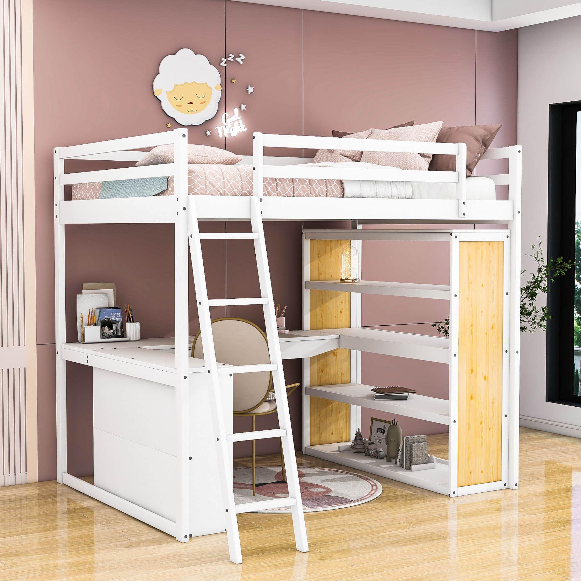 Modern Full Size Loft Bed with Desk and Storage for Kids, Junior - [Wood, Drawers, Shelves]