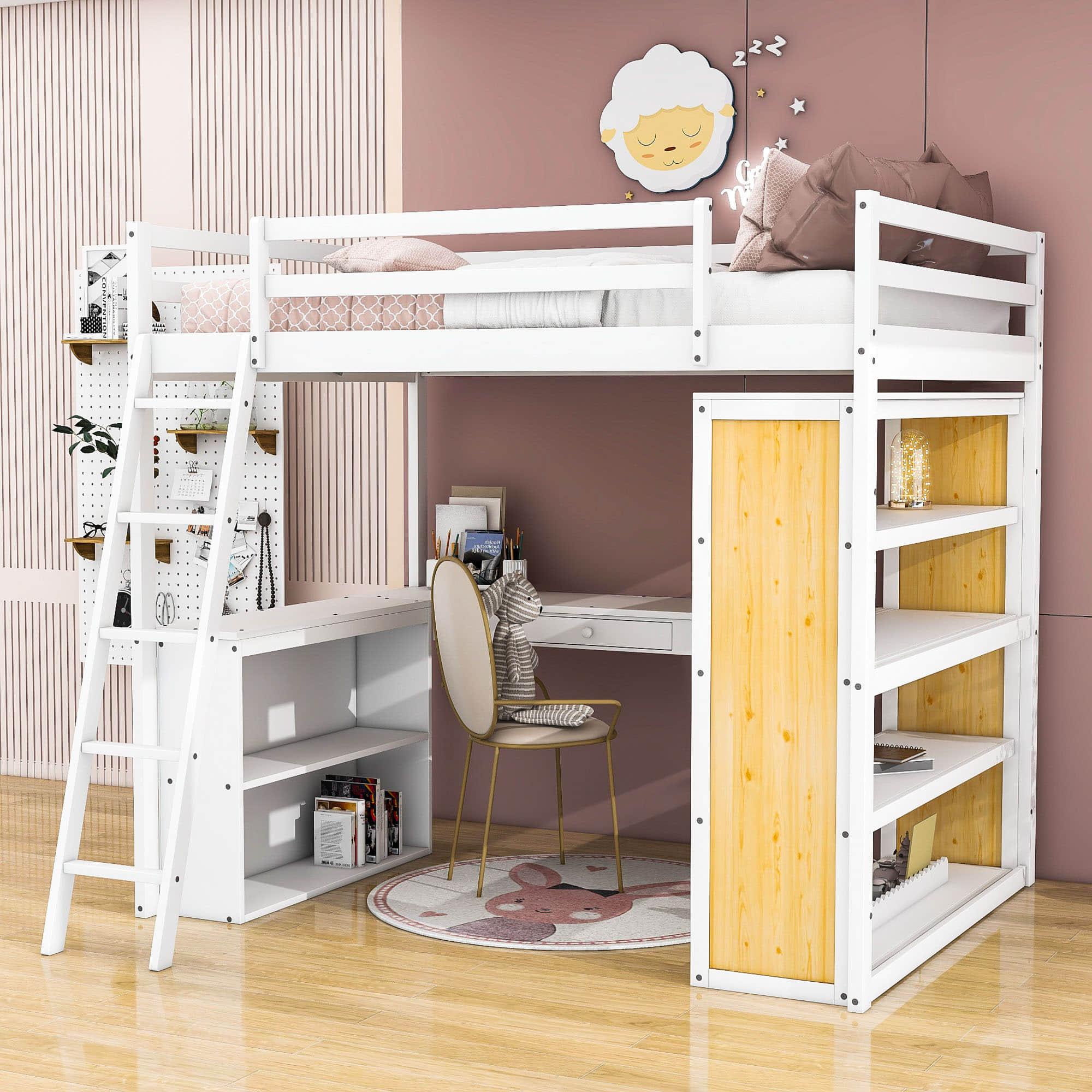 Modern Full Size Loft Bed with Desk and Storage for Kids, Junior - [Wood, Drawers, Shelves]