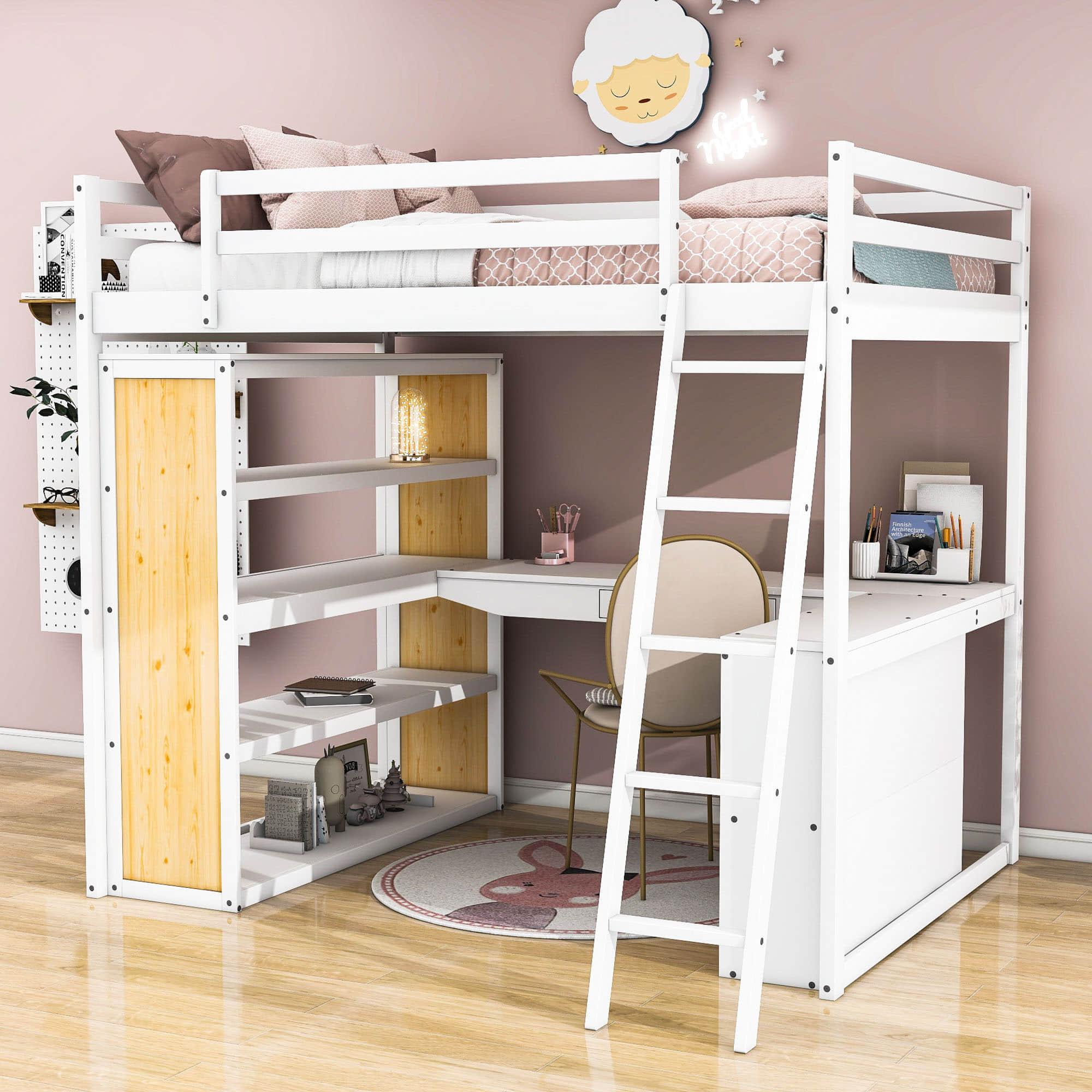 Modern Full Size Loft Bed with Desk and Storage for Kids, Junior - [Wood, Drawers, Shelves]