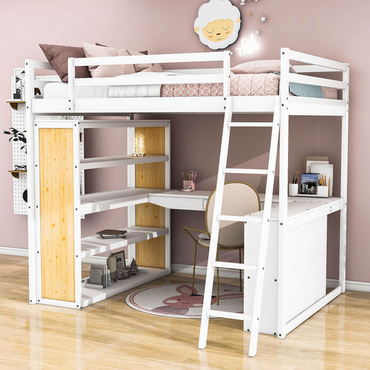 Modern Full Size Loft Bed with Desk and Storage for Kids, Junior - [Wood, Drawers, Shelves]