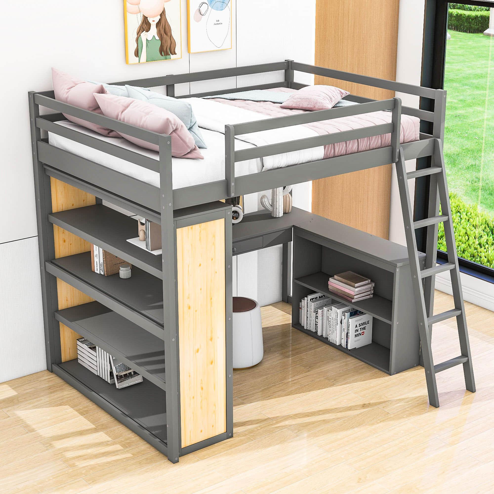 Modern Full Size Loft Bed with Desk and Storage for Kids, Junior - [Wood, Drawers, Shelves]