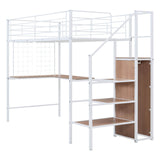 Twin Size Metal Loft Bed with Desk and Stairs, Storage Wardrobe