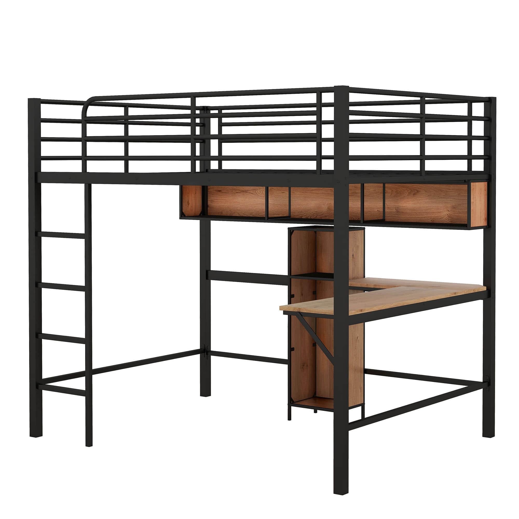 Metal Full Size Black Loft Bed with Desk and Storage for Adults, Teens