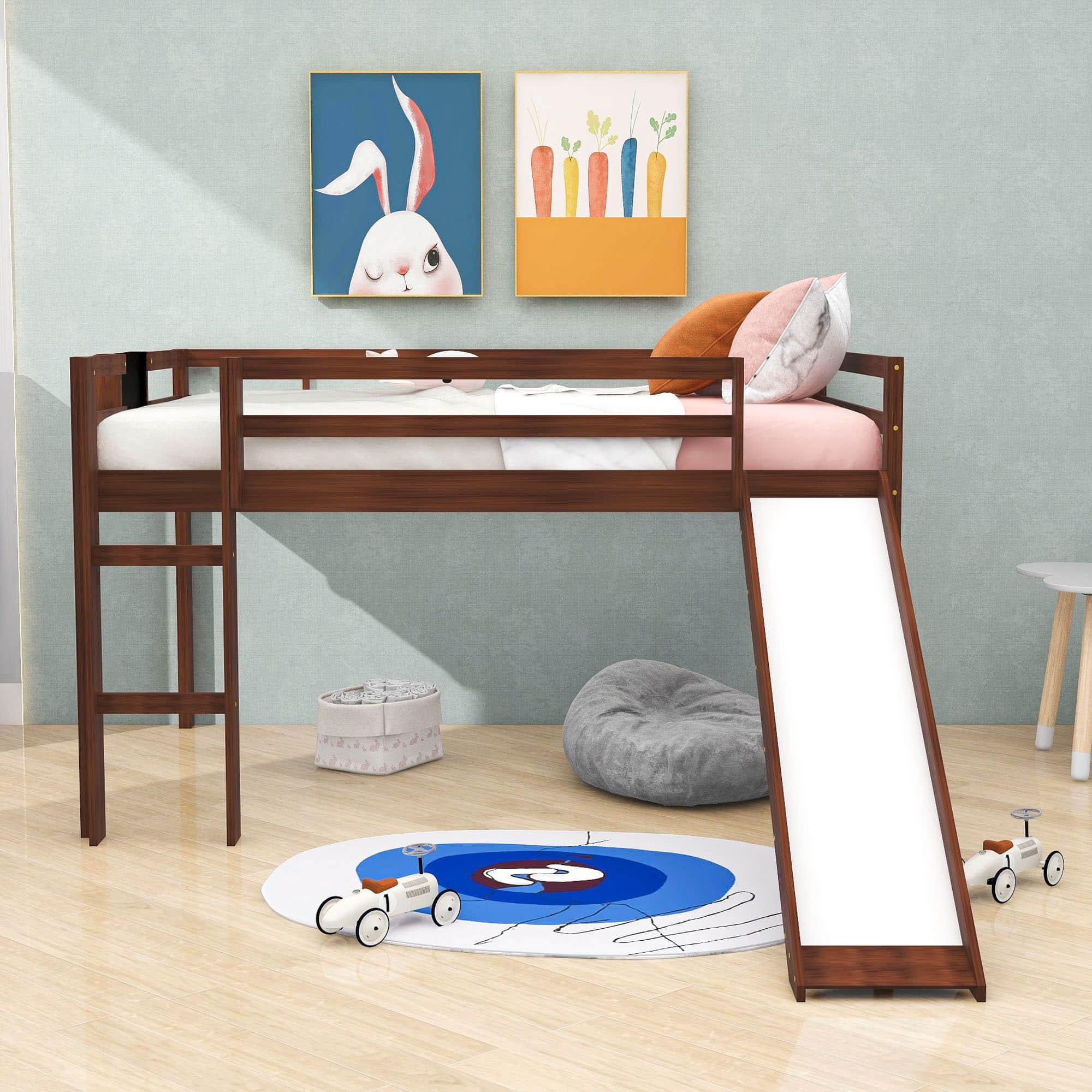 Full Size Scandinavian Convertible Low Loft Bed with Slide and Chalkboard for Kids - [Ladder, Wood]