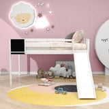 Full Size Scandinavian Convertible Low Loft Bed with Slide and Chalkboard for Kids - [Ladder, Wood]