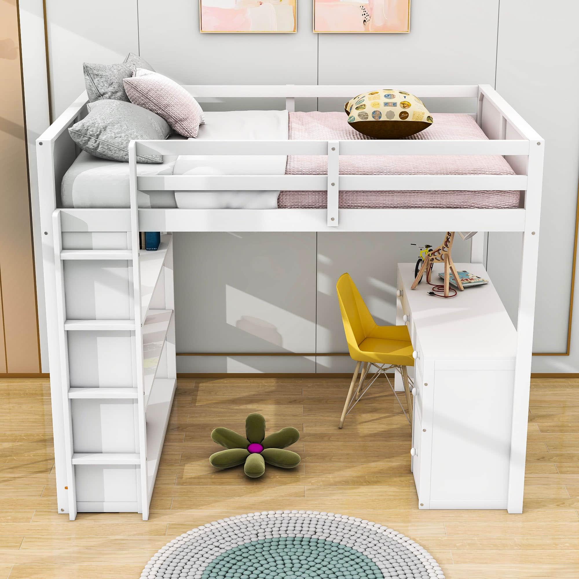 Full Size Loft Bed with Desk and Storage Drawers, Shelves for Adults, Kids - [Wood]