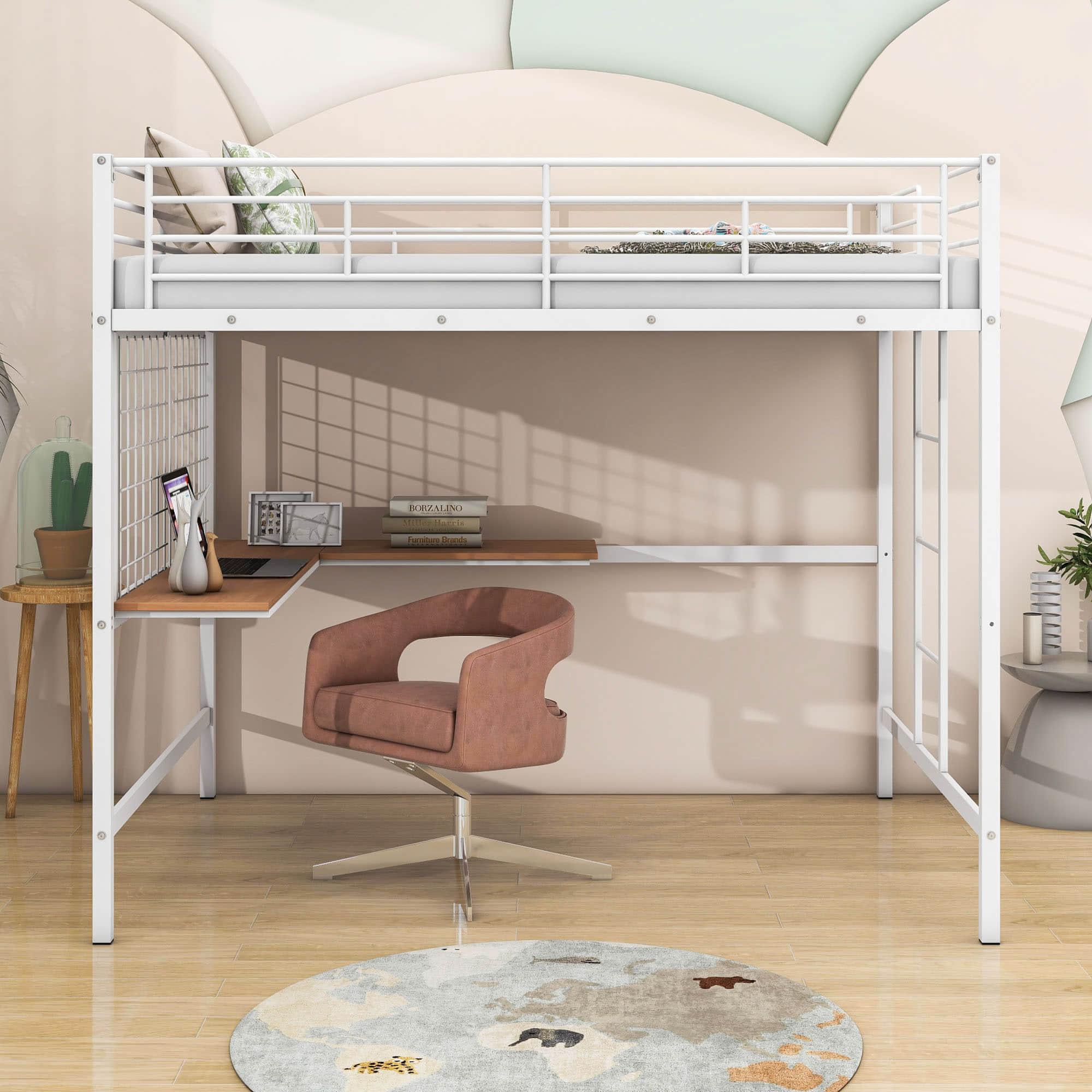 Metal Full Size Loft Bed with Desk and Grid for Kids, Adults, Teens