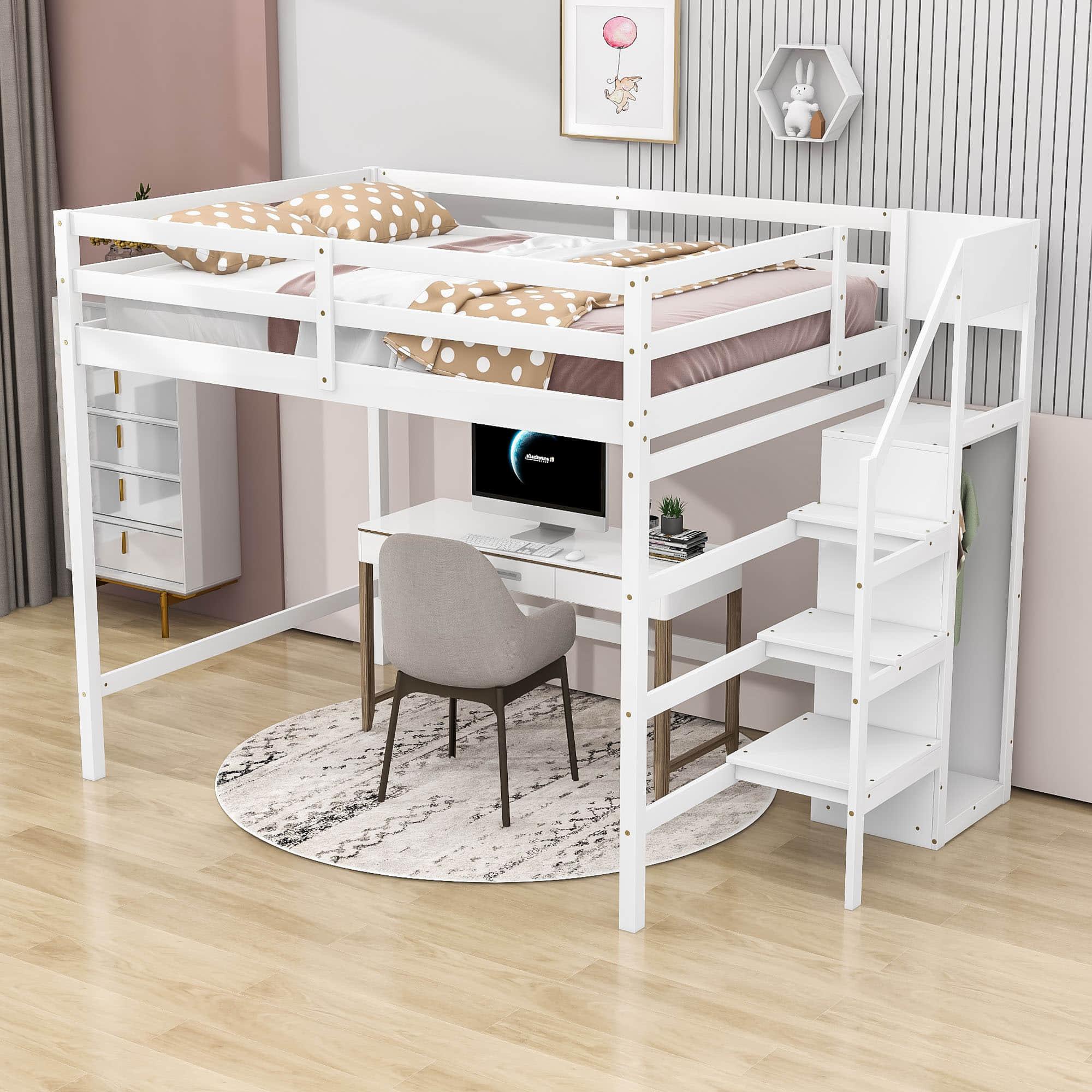 Full Size Loft Bed with Stairs and Clothes Hanger for Adults, Teens