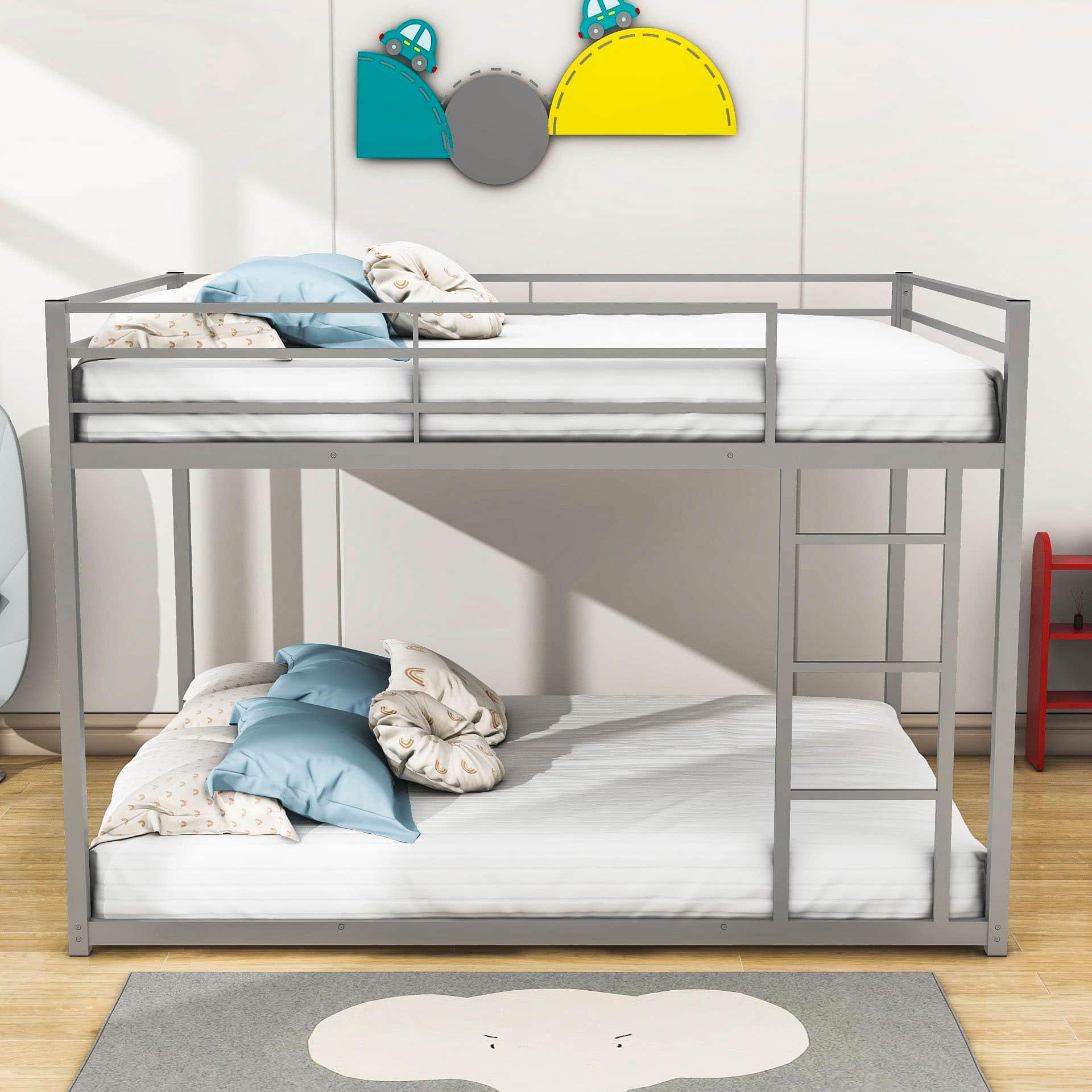 Montessori Full Over Full Scandinavian Floor Metal Bunk Bed with Ladder for Kids