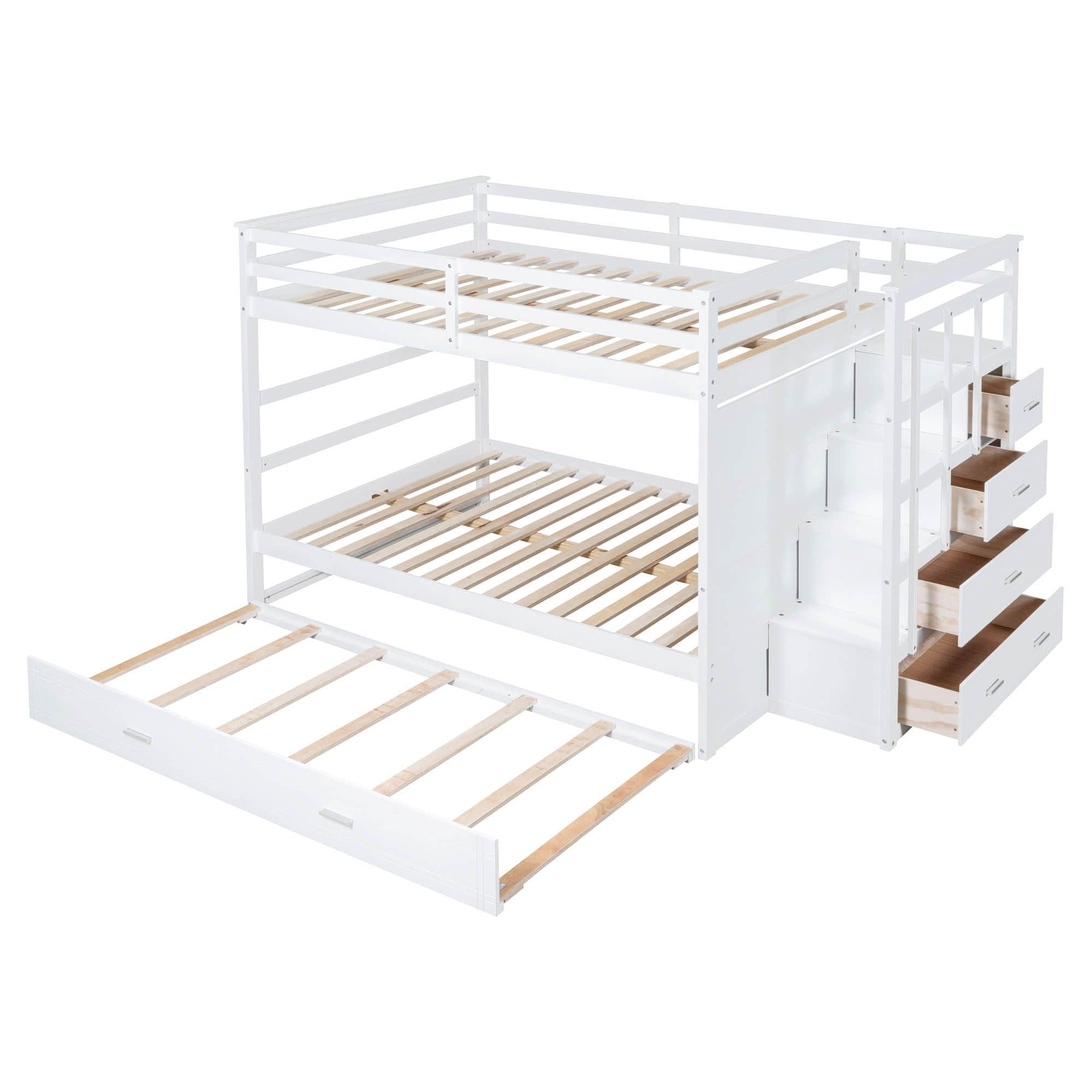 Full Size Bunk Beds with Stairs and Trundle, Storage for Kids, Adults