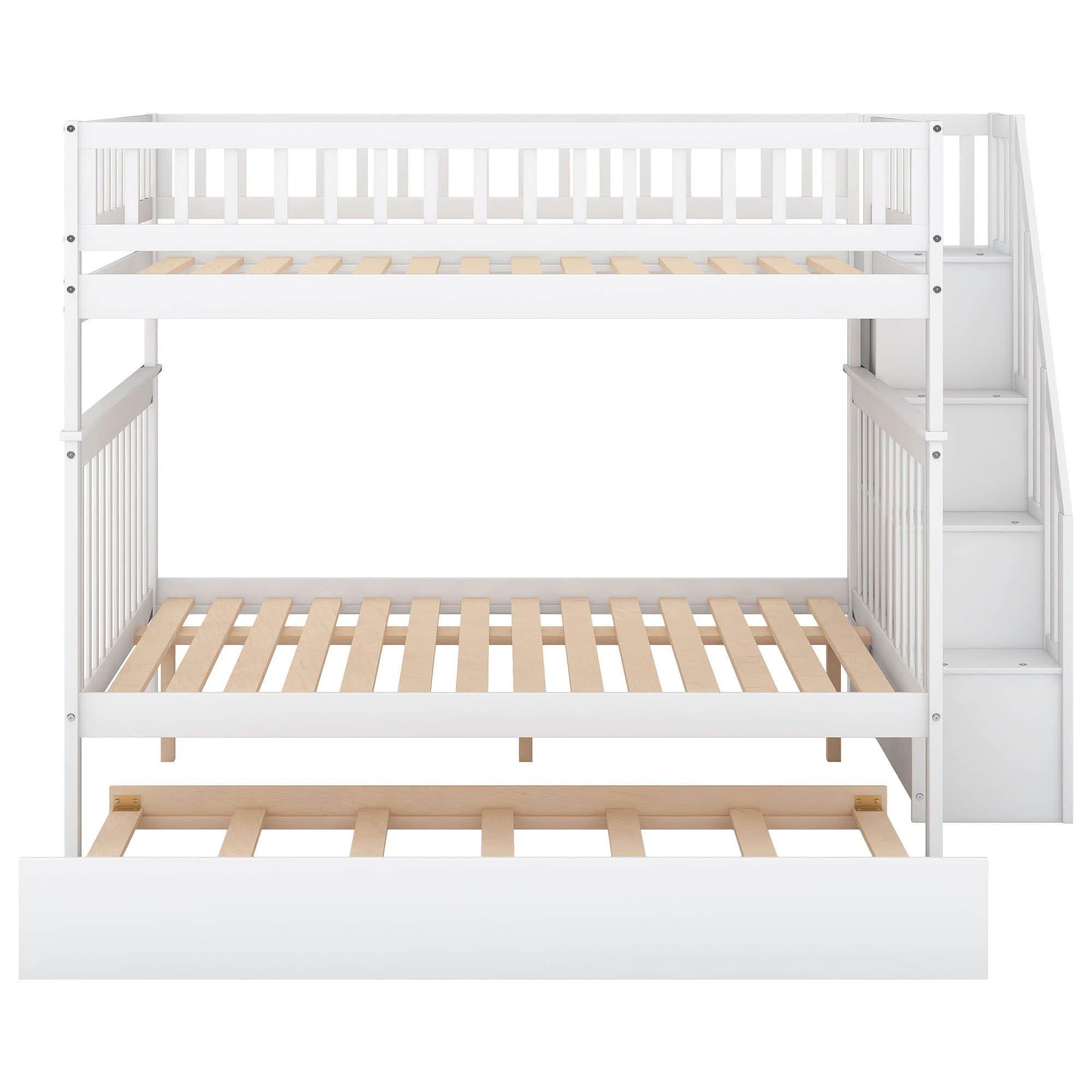 Wooden Full Size Bunk Bed with Stairs and Trundle, Storage Shelves