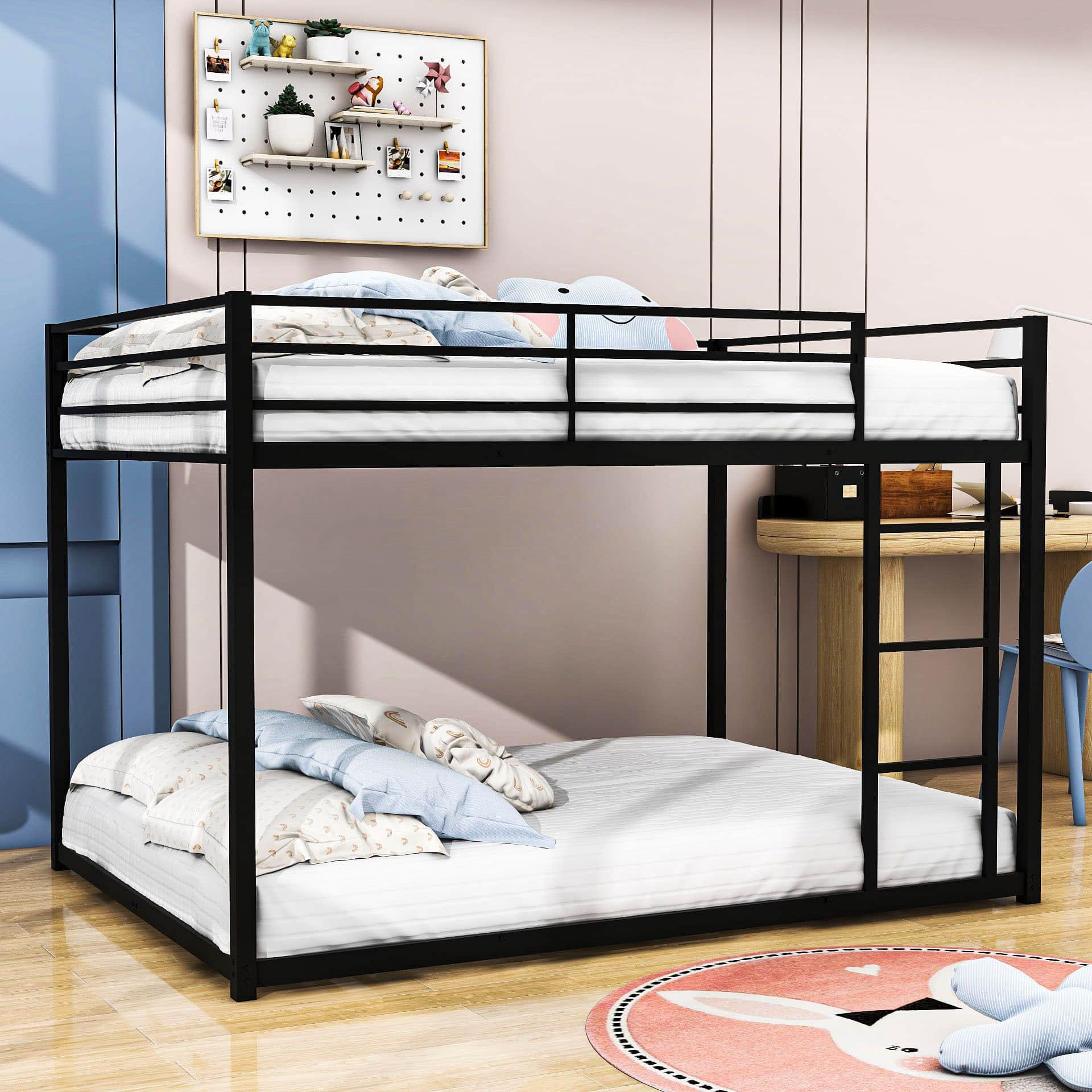 Montessori Full Over Full Scandinavian Floor Metal Bunk Bed with Ladder for Kids