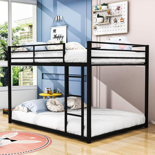 Montessori Full Over Full Scandinavian Floor Metal Bunk Bed with Ladder for Kids