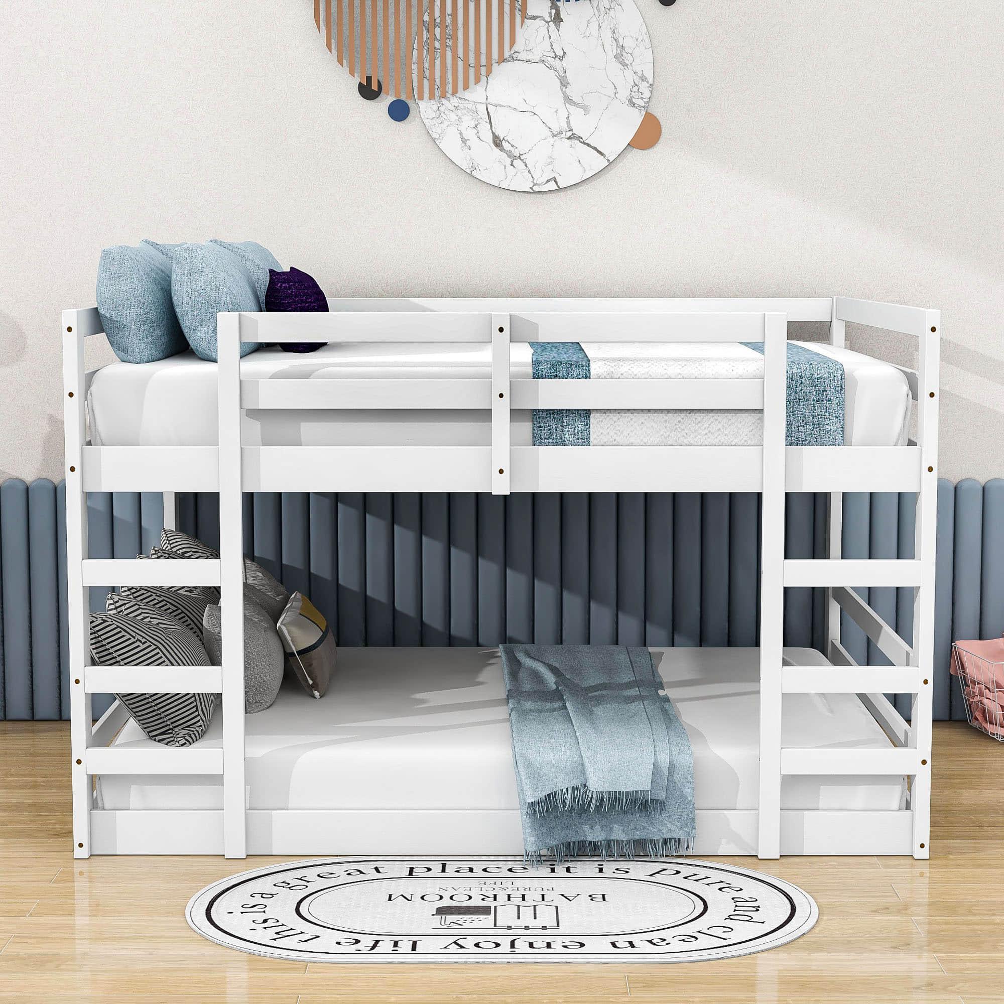 Modern Low Full Over Full Bunk Beds for Kids Toddler with 2 Ladders - Wooden