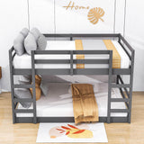 Modern Low Full Over Full Bunk Beds for Kids Toddler with 2 Ladders - Wooden