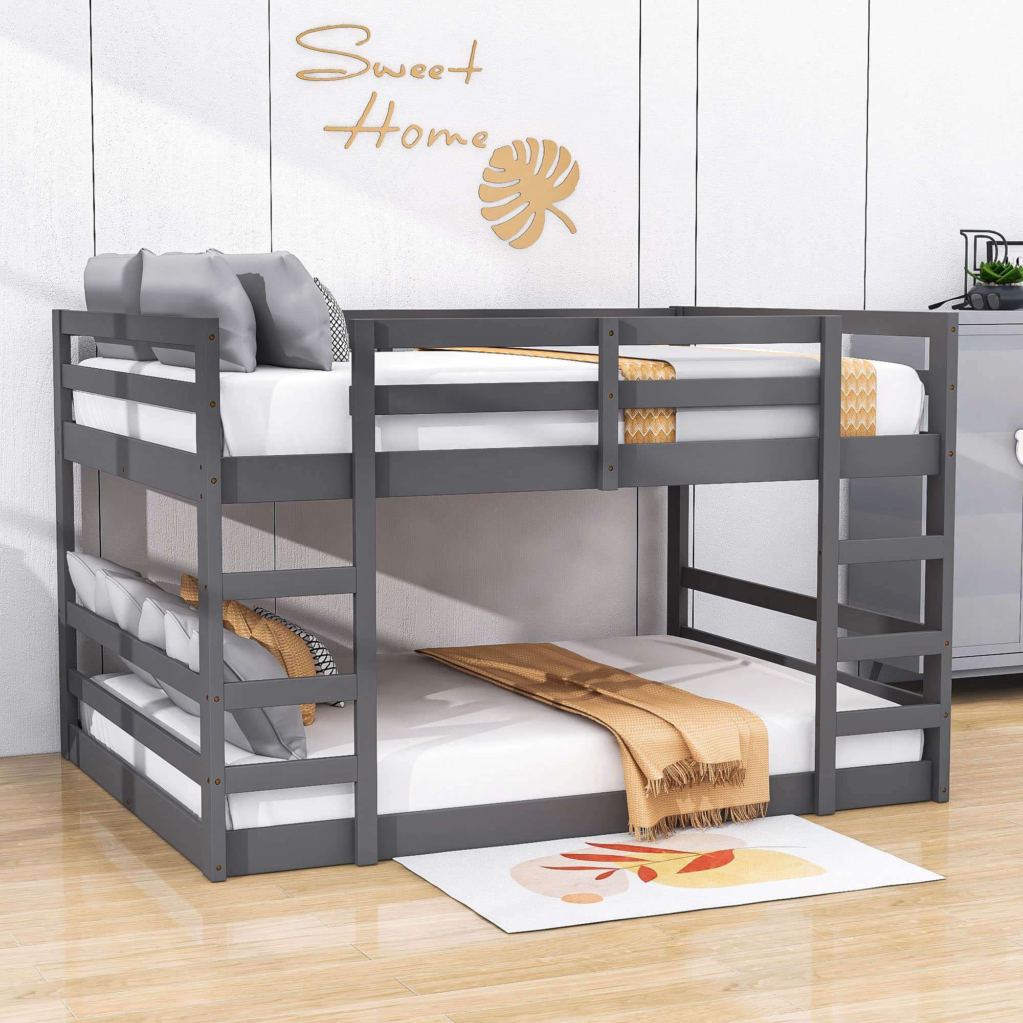 Modern Low Full Over Full Bunk Beds for Kids Toddler with 2 Ladders - Wooden