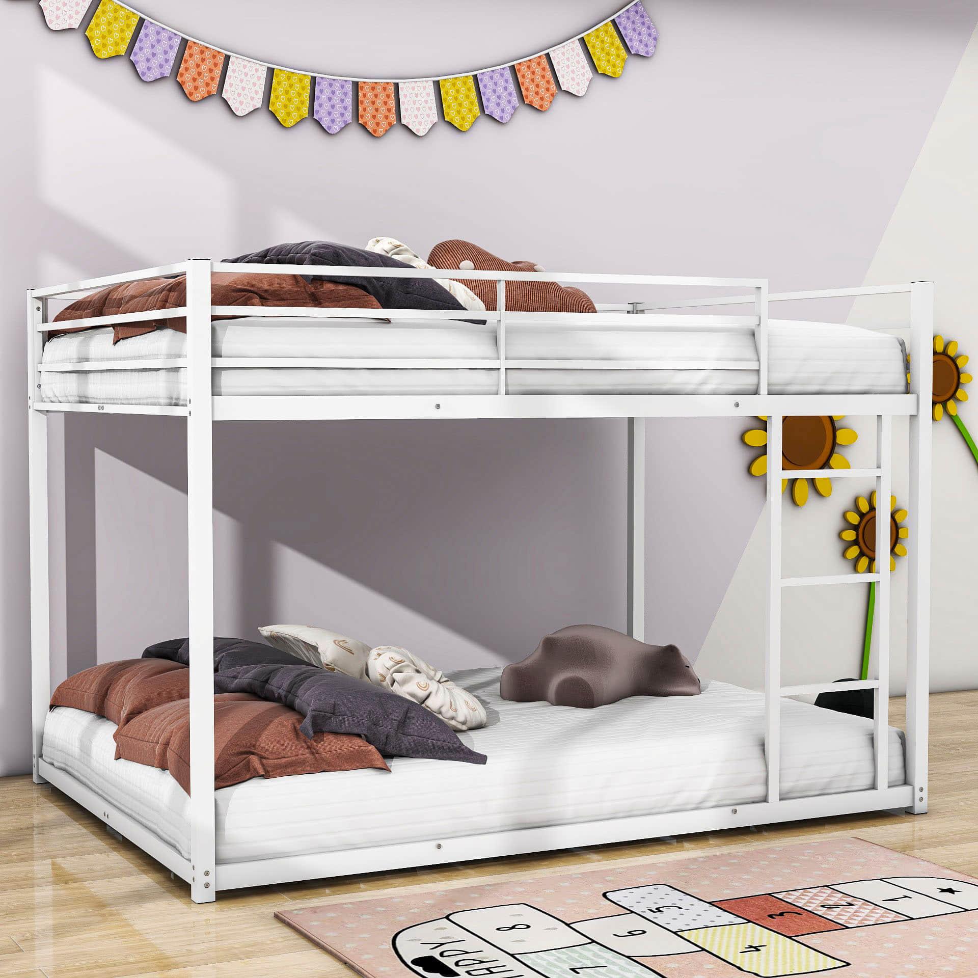 Montessori Full Over Full Scandinavian Floor Metal Bunk Bed with Ladder for Kids