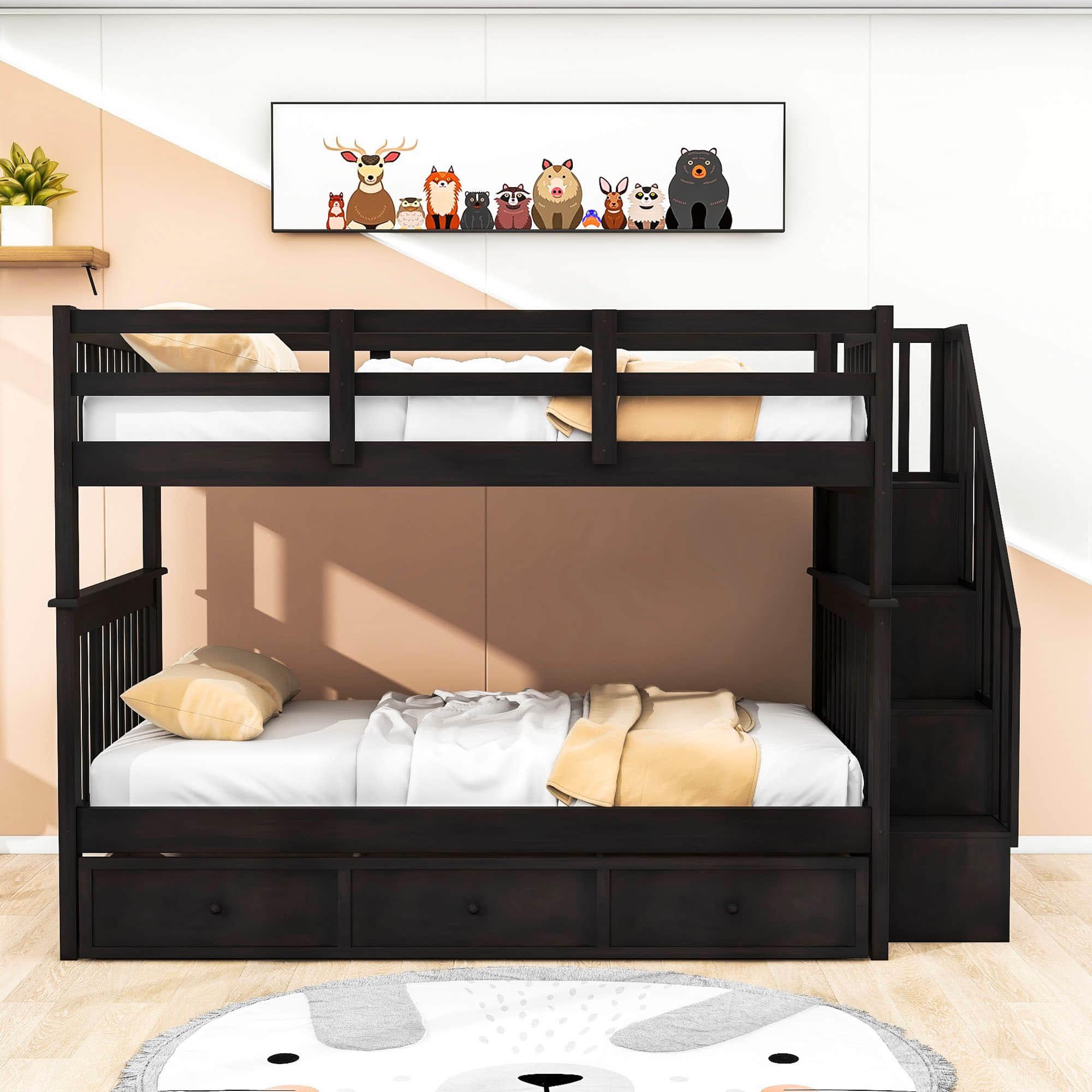 Wood Full Over Full Bunk Bed with Storage and Stairs - [Drawers, Shelves, Class]