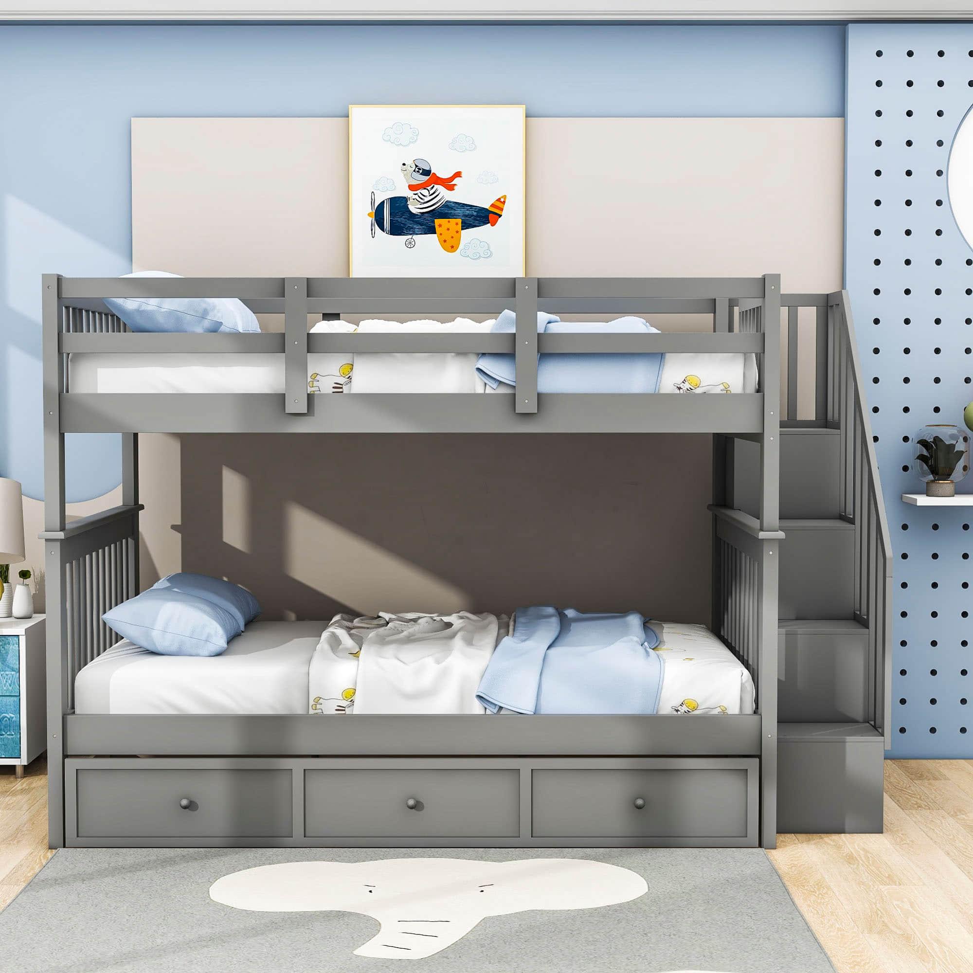 Wood Full Over Full Bunk Bed with Storage and Stairs - [Drawers, Shelves, Class]