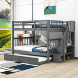 Wooden Full Over Full Bunk Beds with Trundle and Storage - [Stairs, Shelves, Detachable]