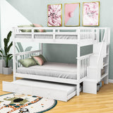 Wooden Full Over Full Bunk Beds with Trundle and Storage - [Stairs, Shelves, Detachable]