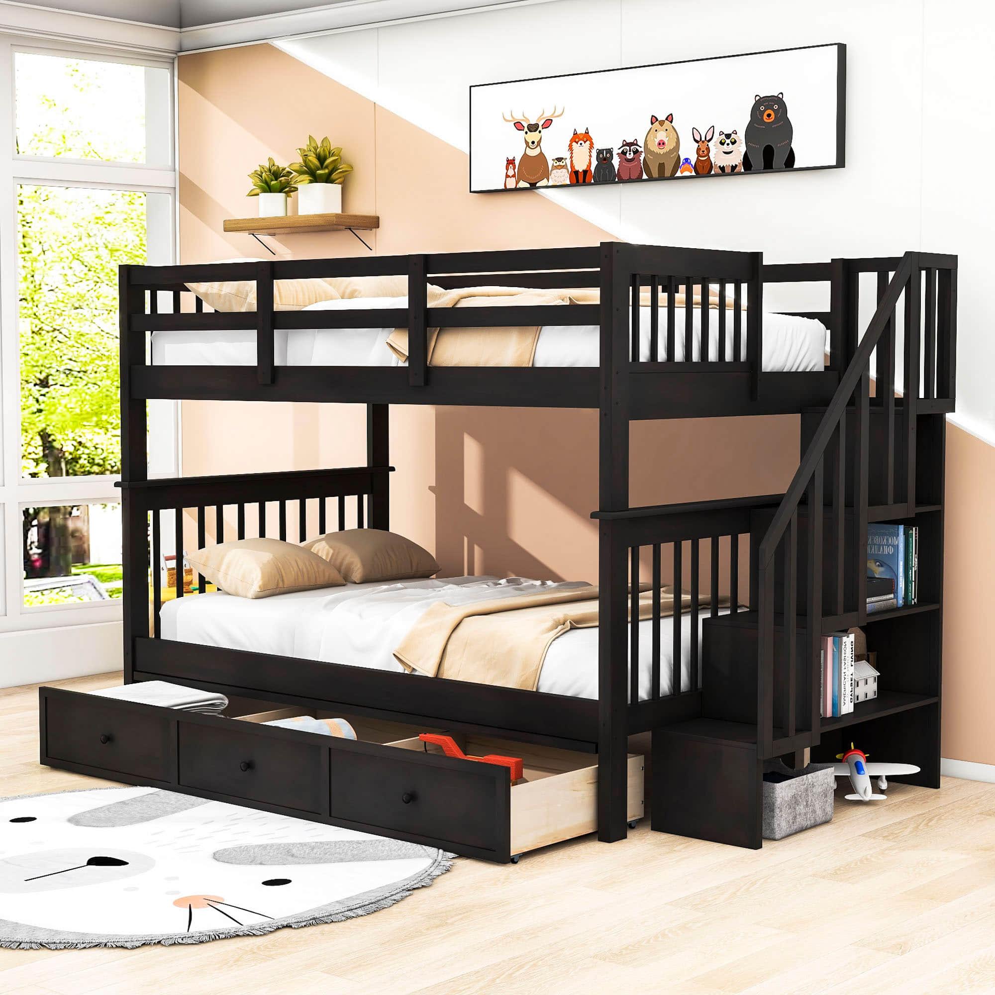 Wood Full Over Full Bunk Bed with Storage and Stairs - [Drawers, Shelves, Class]