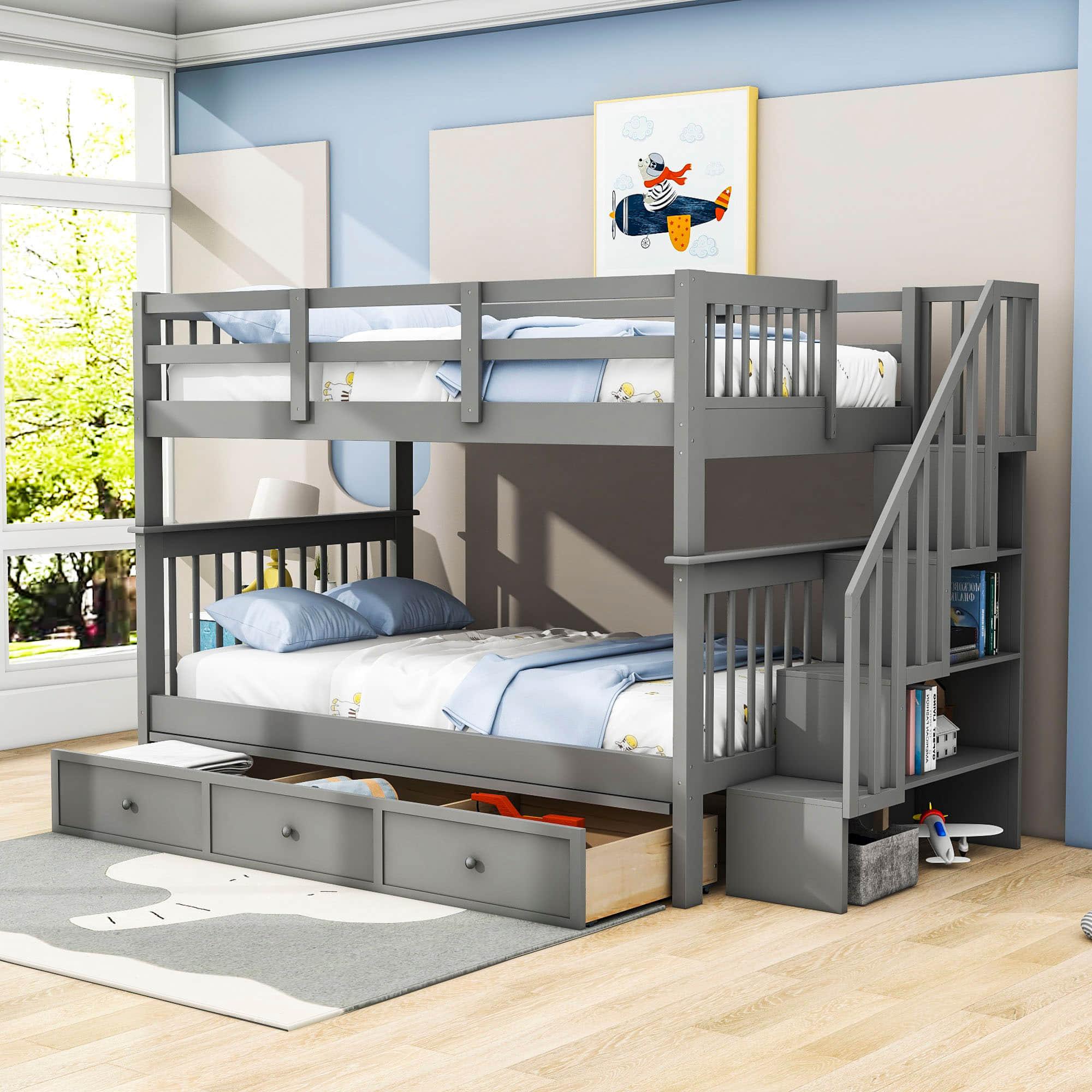 Wood Full Over Full Bunk Bed with Storage and Stairs - [Drawers, Shelves, Class]