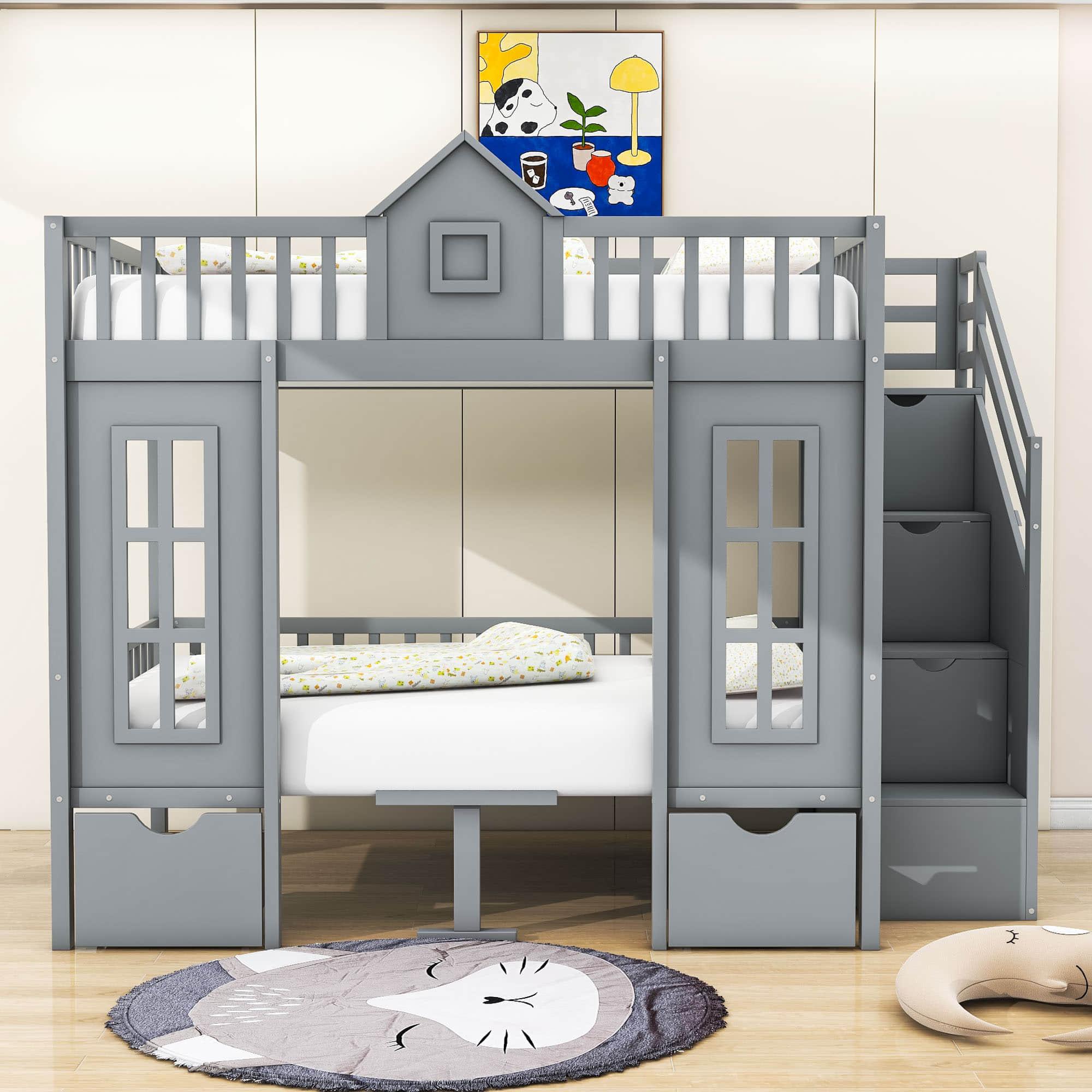 Convertible Castle Full Over Full Bunk Beds with Stairs and Table, Storage - [Drawers]