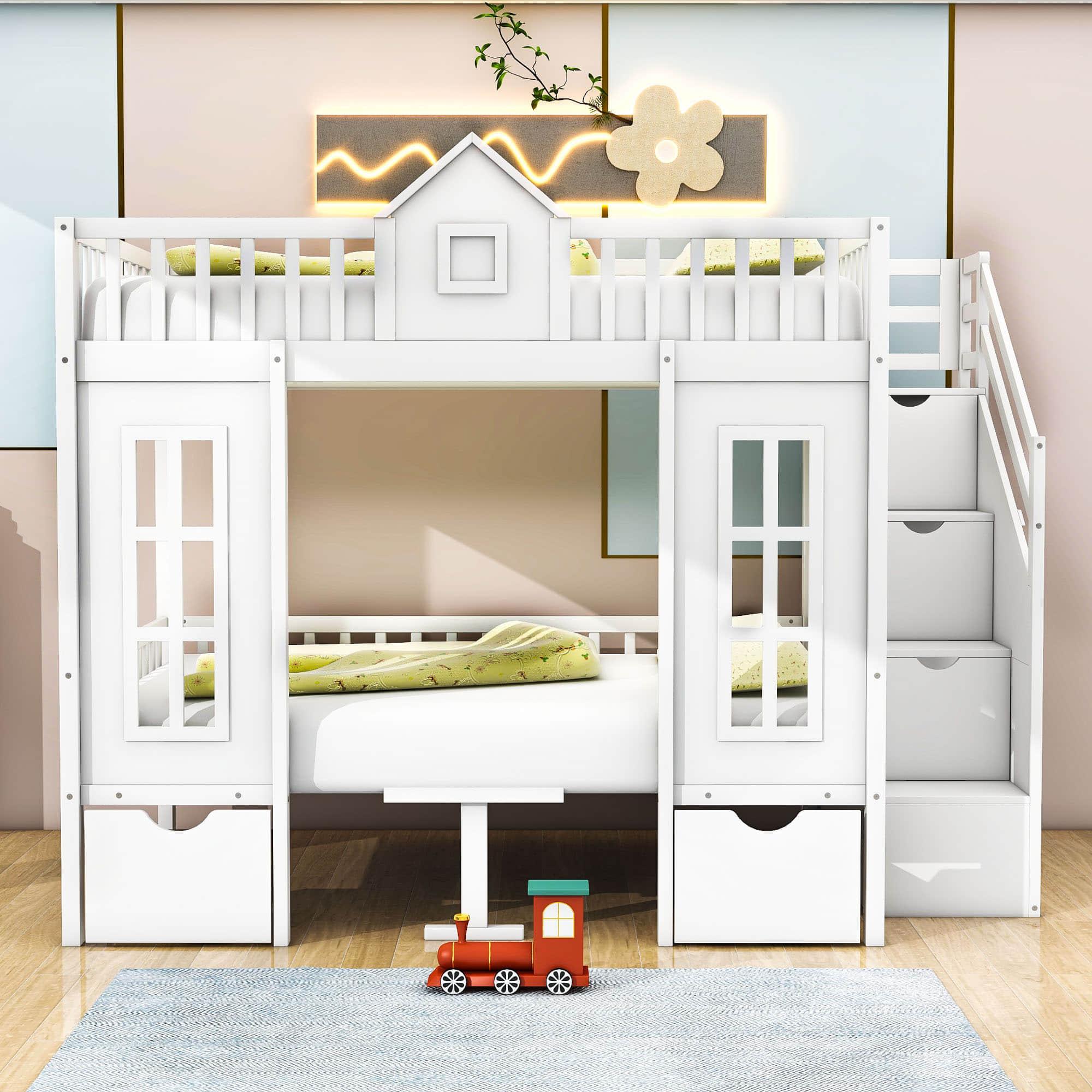 Convertible Castle Full Over Full Bunk Beds with Stairs and Table, Storage - [Drawers]