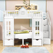 Convertible Castle Full Over Full Bunk Beds with Stairs and Table, Storage - [Drawers]