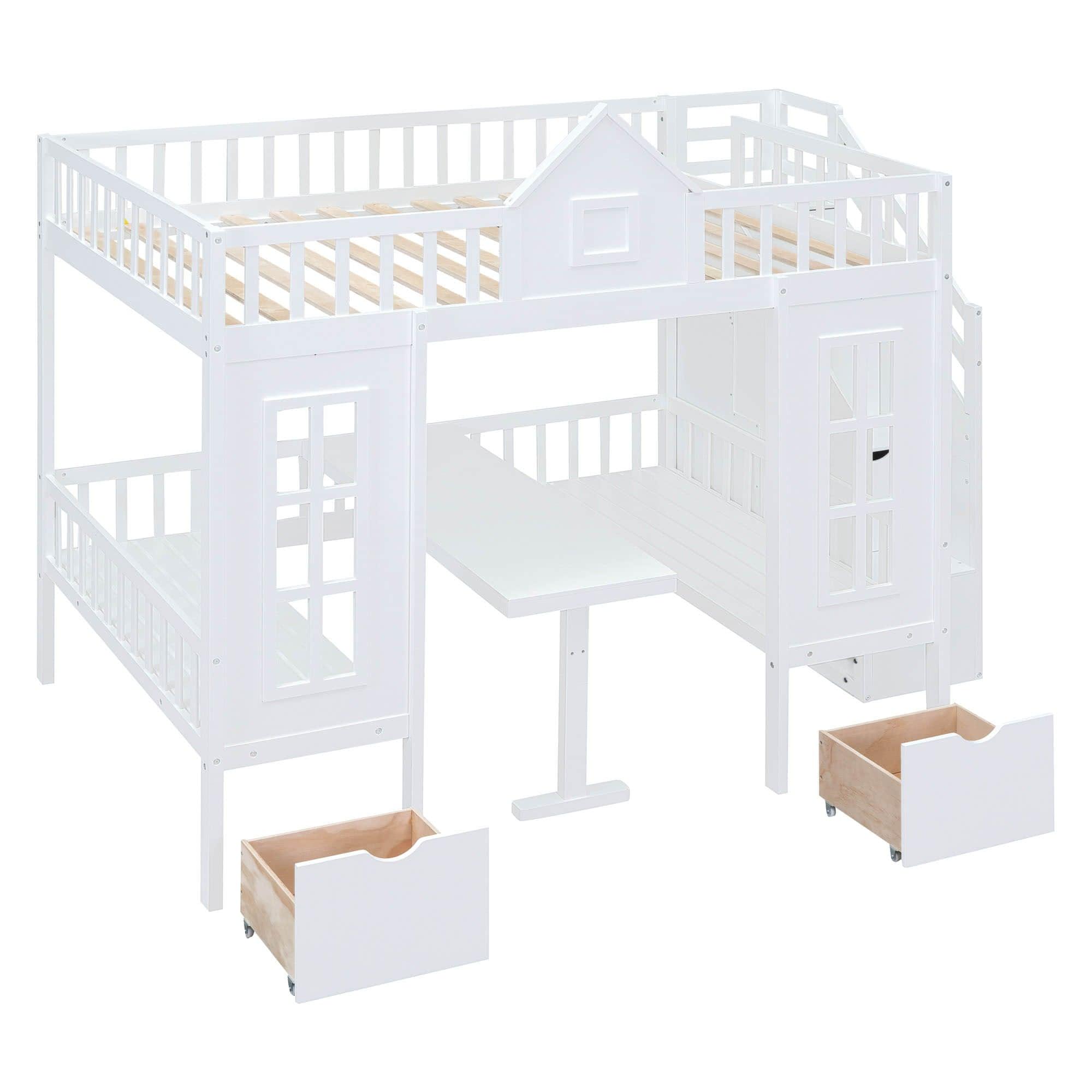 Convertible Castle Full Over Full Bunk Beds with Stairs and Table, Storage - [Drawers]