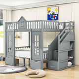 Convertible Castle Full Over Full Bunk Beds with Stairs and Table, Storage - [Drawers]