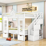 Convertible Castle Full Over Full Bunk Beds with Stairs and Table, Storage - [Drawers]