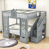 Convertible Castle Full Over Full Bunk Beds with Stairs and Table, Storage - [Drawers]