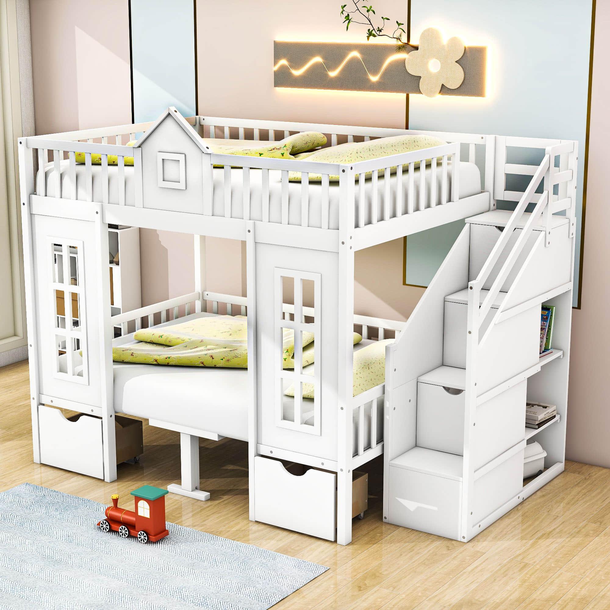 Convertible Castle Full Over Full Bunk Beds with Stairs and Table, Storage - [Drawers]