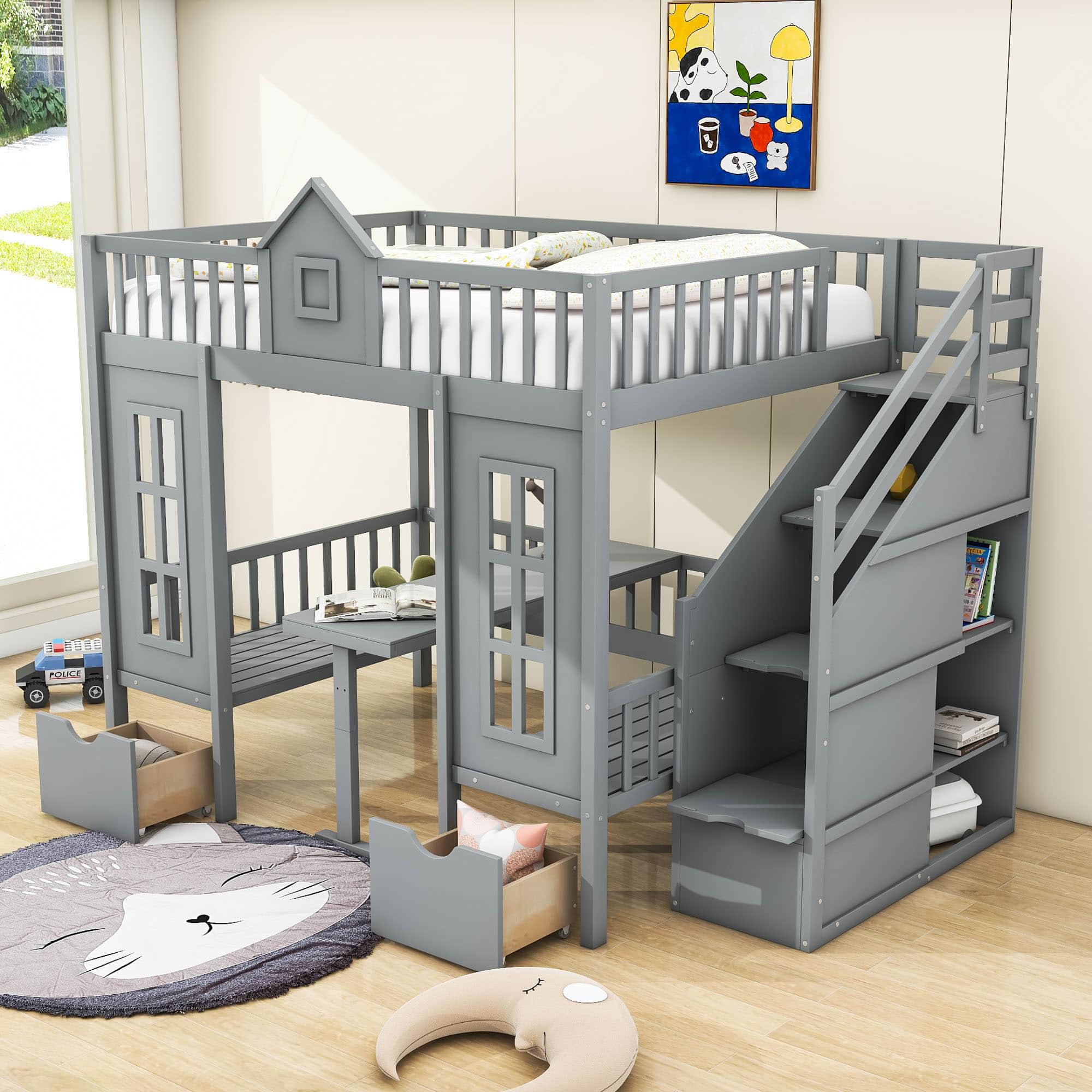 Convertible Castle Full Over Full Bunk Beds with Stairs and Table, Storage - [Drawers]