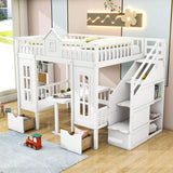 Convertible Castle Full Over Full Bunk Beds with Stairs and Table, Storage - [Drawers]