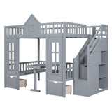 Convertible Castle Full Over Full Bunk Beds with Stairs and Table, Storage - [Drawers]