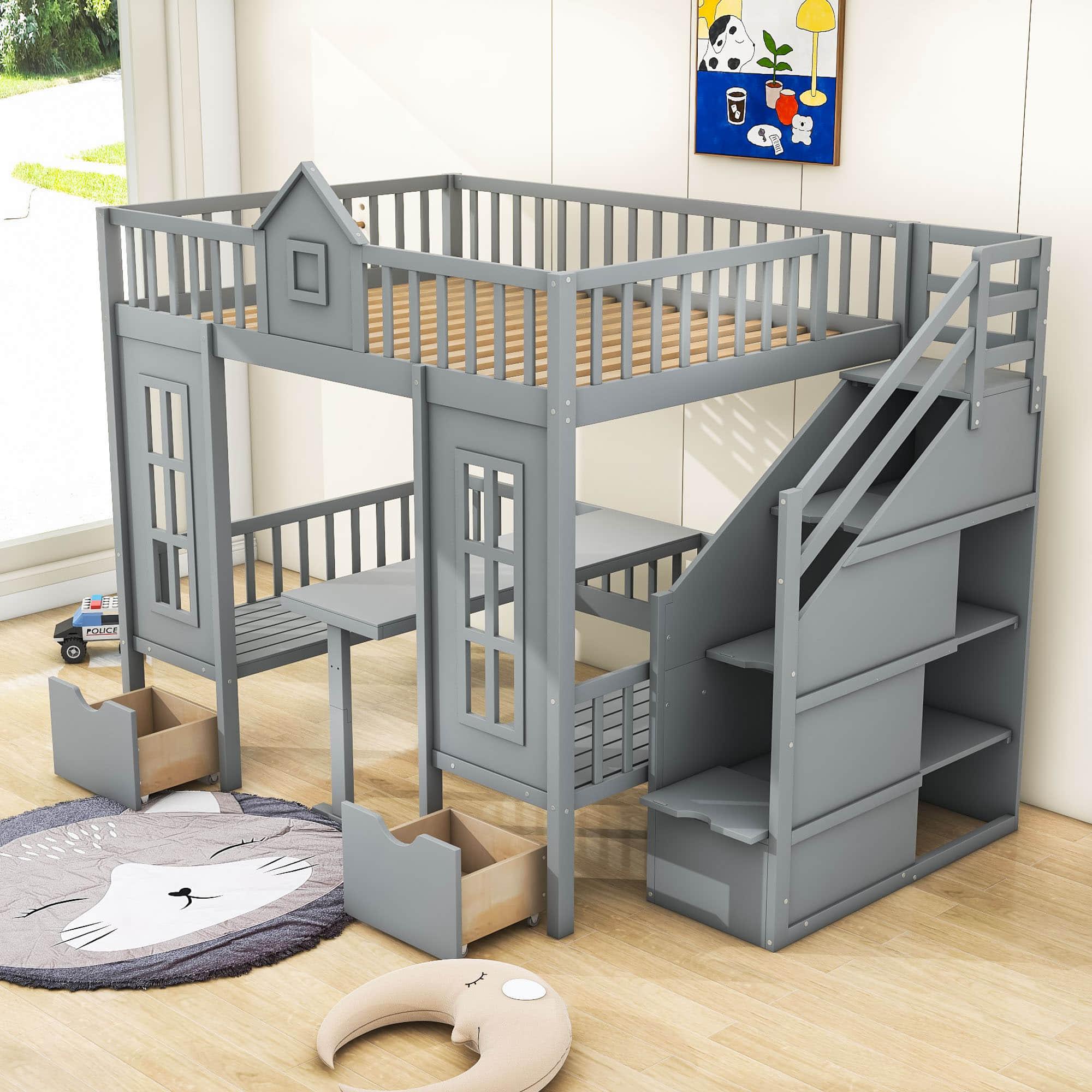 Convertible Castle Full Over Full Bunk Beds with Stairs and Table, Storage - [Drawers]