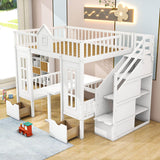 Convertible Castle Full Over Full Bunk Beds with Stairs and Table, Storage - [Drawers]