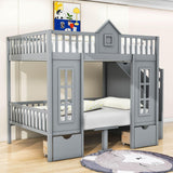 Convertible Castle Full Over Full Bunk Beds with Stairs and Table, Storage - [Drawers]