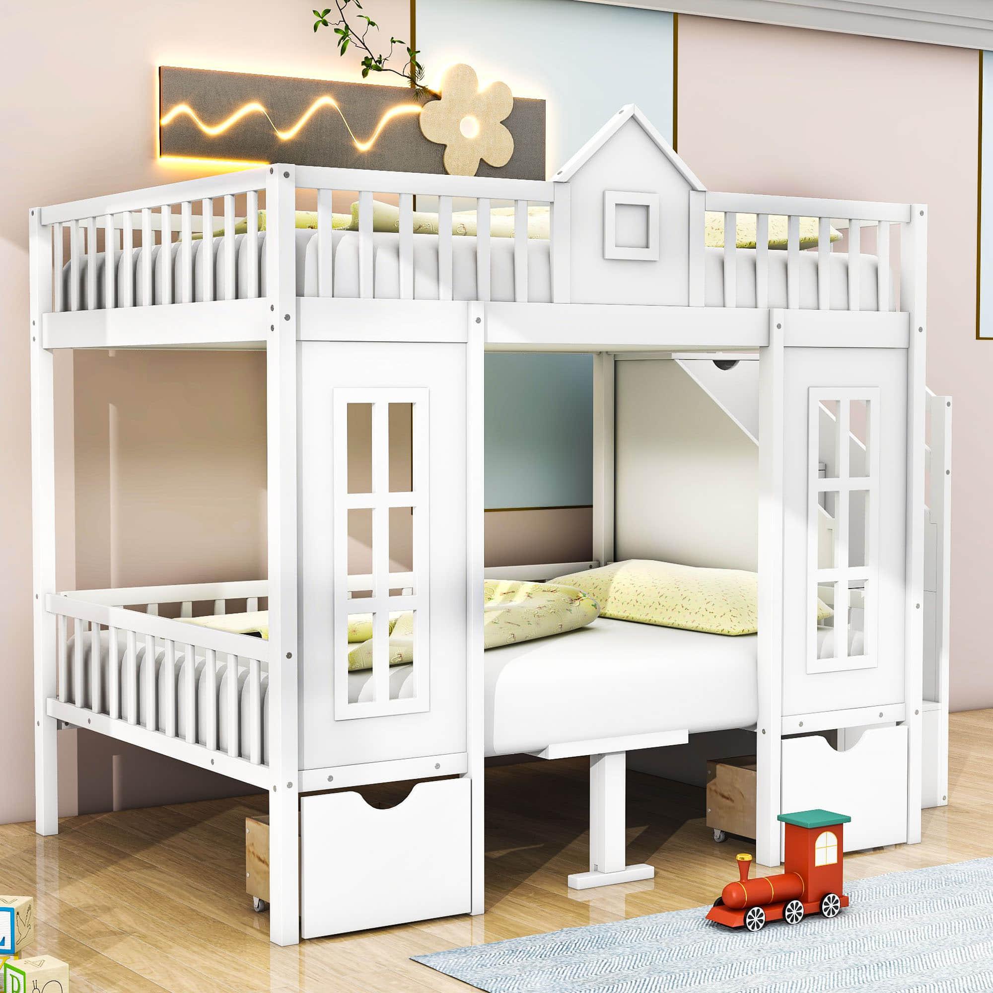 Convertible Castle Full Over Full Bunk Beds with Stairs and Table, Storage - [Drawers]