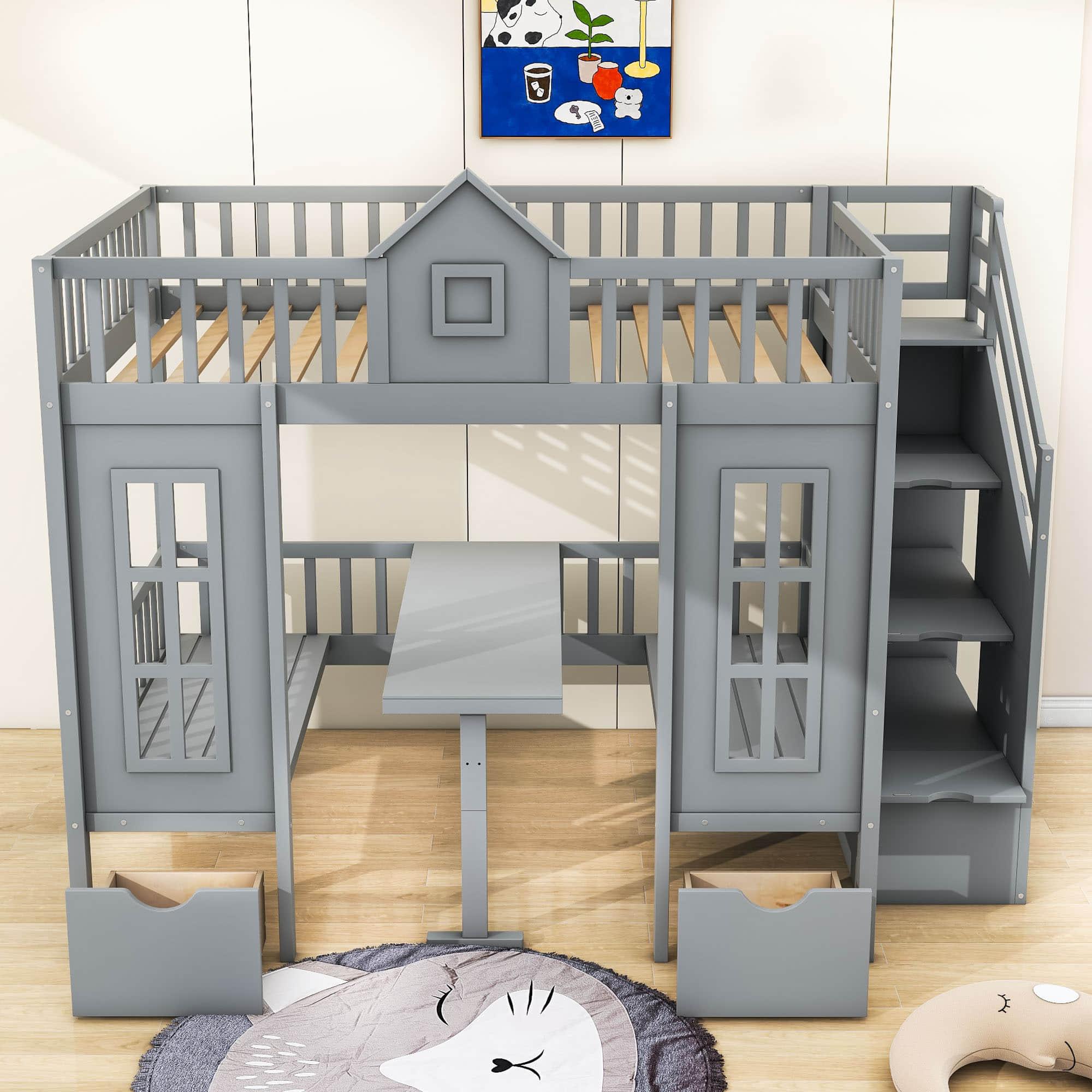 Convertible Castle Full Over Full Bunk Beds with Stairs and Table, Storage - [Drawers]