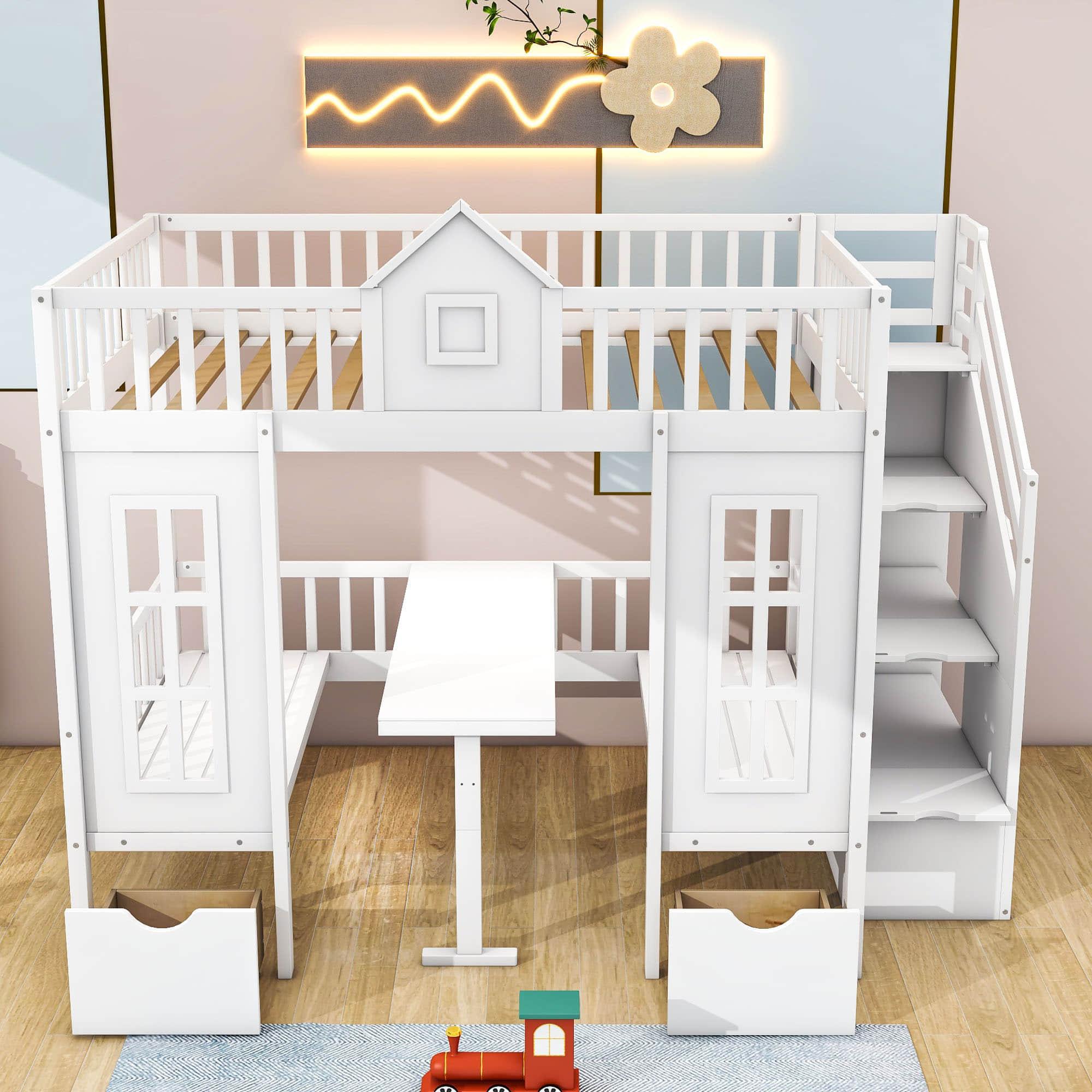 Convertible Castle Full Over Full Bunk Beds with Stairs and Table, Storage - [Drawers]